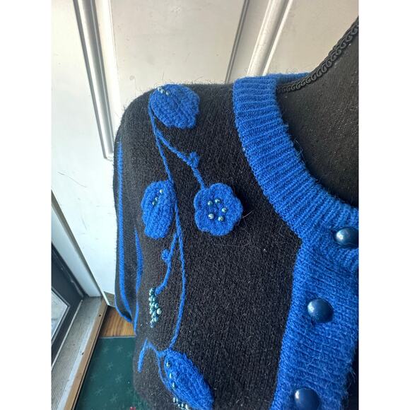 Vintage Navy Blue & Aqua Floral Cardigan Sweater – Size M - Picture 2 of 8